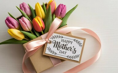 Happy Mother's Day tag attached to craft paper gift box with tulip flowers on white wooden background