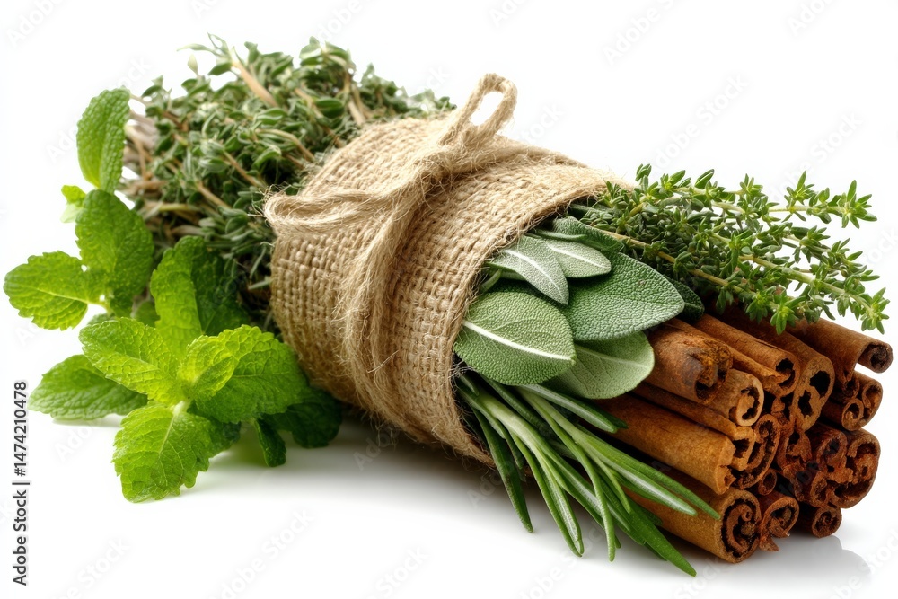 Poster fresh herbs and spices tied together in burlap for culinary use in a kitchen setting