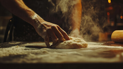 Baker Kneading Dough with Flour Dust