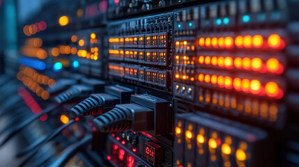 close-up of a server rack, focusing on the cables plugged into the switch and ethernet connectors 