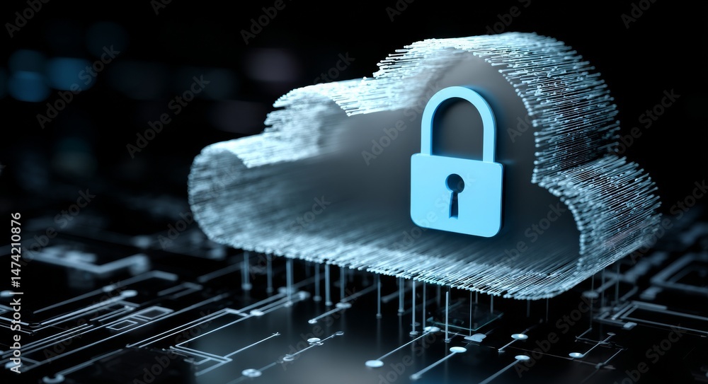 Poster a digital cloud symbolizing cybersecurity and data protection, integrated with a padlock in a virtua