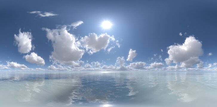 K: blue sky and a few clouds above, with a bright sun shining down and reflecting off the calm surface of the water (360 degree HDRI map render for spherical nature background environment and 3d