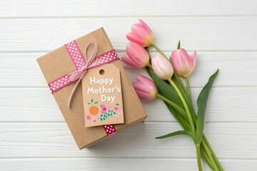 Happy Mother's Day tag attached to craft paper gift box with tulip flowers on white wooden background