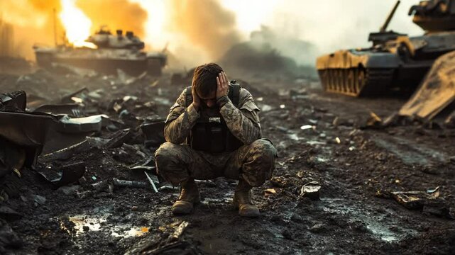 Devastation after conflict: A Soldier's despair amidst the ruins of modern warfare scene
