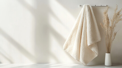 Fototapeta premium A cozy blanket draped elegantly on a hook, complemented by soft light and minimalist decor for a warm ambiance.