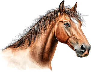 Fototapeta premium Watercolor illustration of a chestnut horse's head with a white blaze against a white background.