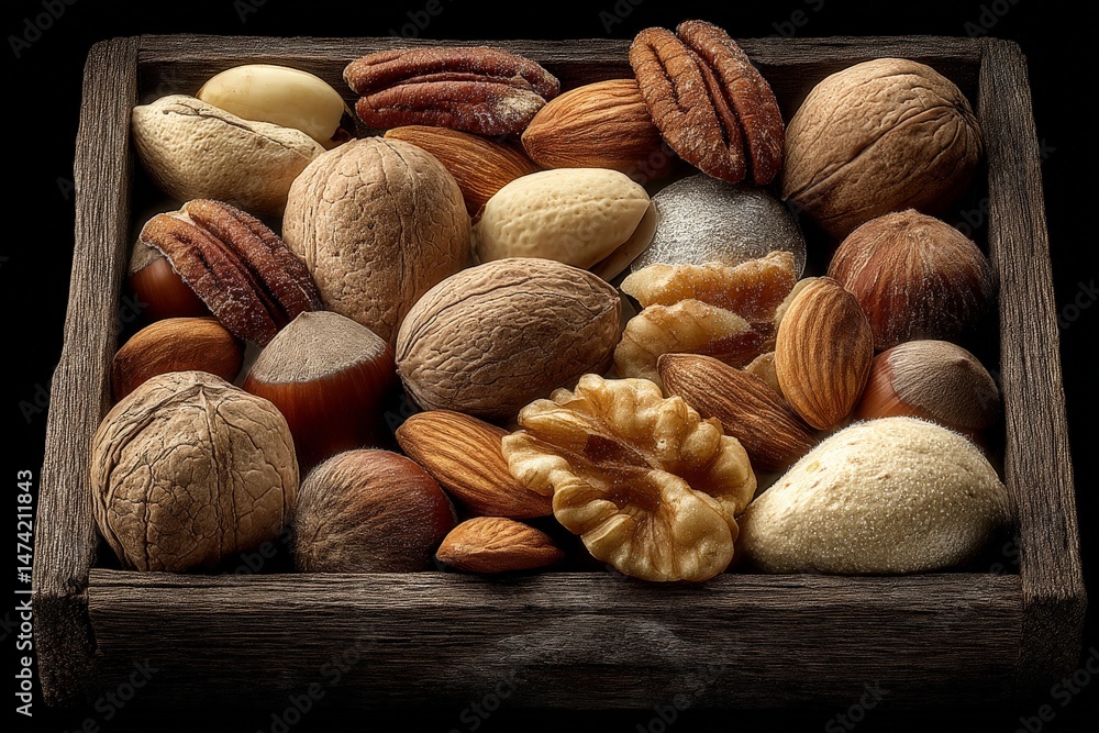 Poster Assorted nuts displayed in a rustic wooden tray showcasing textures and colors in a cozy setting
