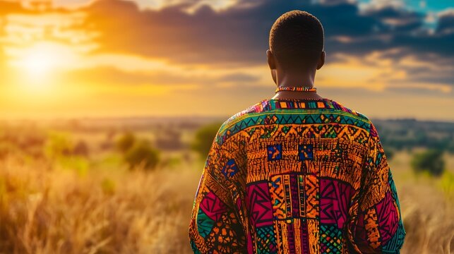 A traditional African dashiki with vibrant patterns in a savannah backdrop
