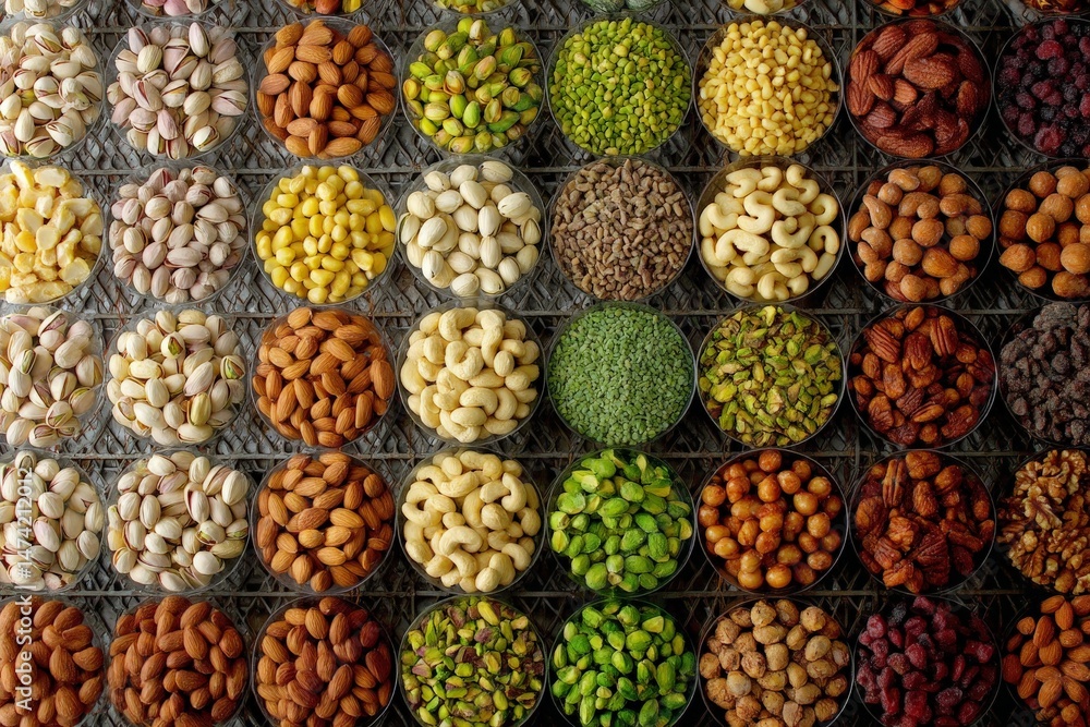 Poster colorful display of assorted nuts and seeds arranged in bowls at a market during the daytime in a vi