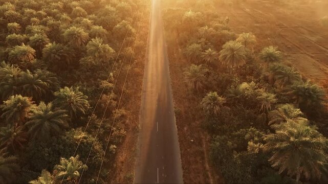 Vue a&eacute;rienne d&rsquo;une route traversant la for&ecirc;t tropicale an S&eacute;n&eacute;gal au coucher du soleil &ndash; contraste entre v&eacute;g&eacute;tation dense et sol sec
