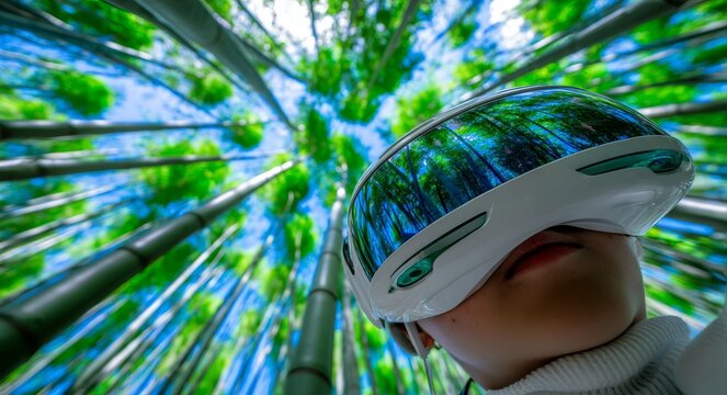 Immersing oneself in virtual reality surrounded by a vibrant forest ecosystem