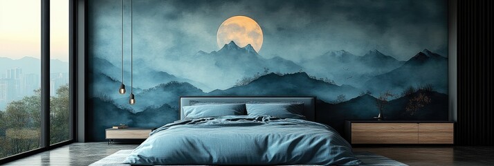 Modern bedroom with a majestic mountain scene.