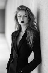 Fototapeta premium Monochrome Portrait of a Young Woman in a Black Blazer