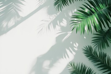 Obraz premium Palm leaves cast shadows on a light green wall surface. Use it for backgrounds, summer themes, or tropical designs.