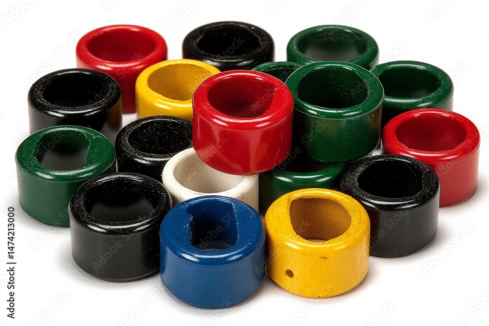 Poster colorful game tokens scattered on a table, showcasing various shapes and sizes in a playful arrangem
