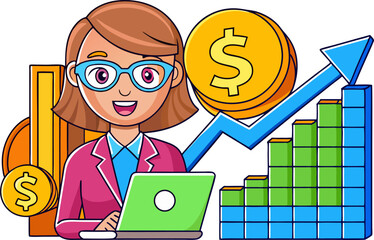 Increase income or salary raise, growing investment, wealth or saving profit, revenue rising, improvement or accumulate wealth concept, woman working with computer on banknote money growing graph.