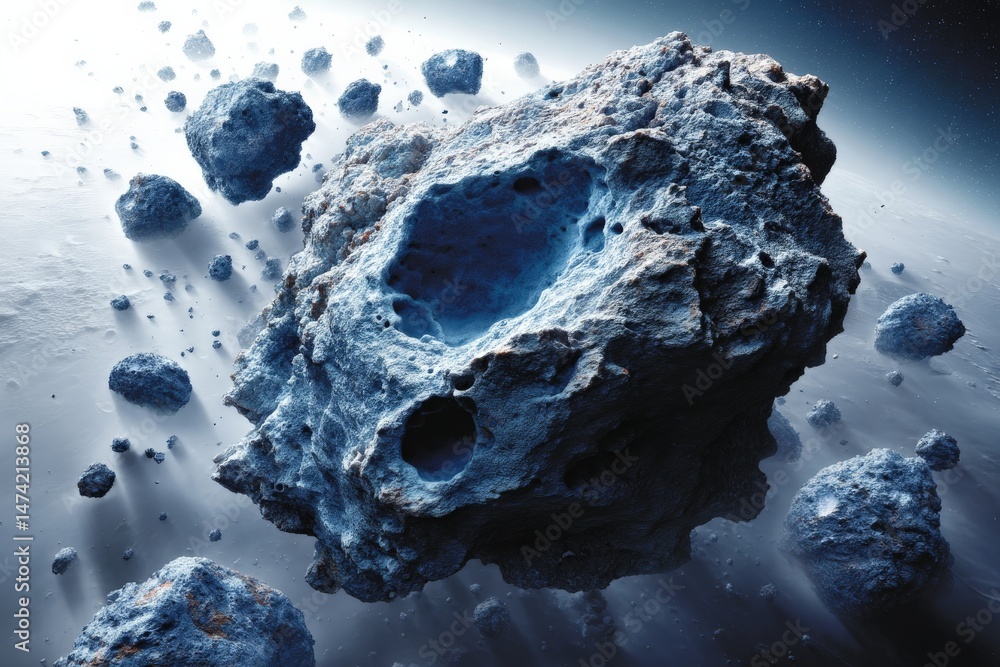 Aufkleber Asteroids drifting in the vastness of space with blue hues and glowing craters captured under starlit backdrop