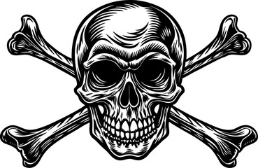 skull with crossbones underneath, symbolizing danger or pirate themes in bold detail sketch linocut vector