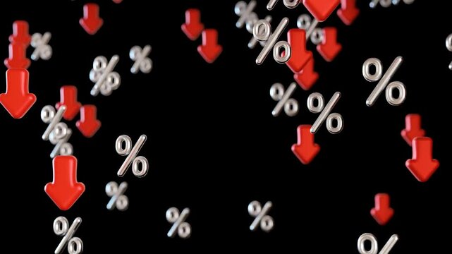 Red arrows and percentage signs fall in a dynamic 3D animation, effectively demonstrating price reductions and discount offers, capturing attention with vivid visuals
