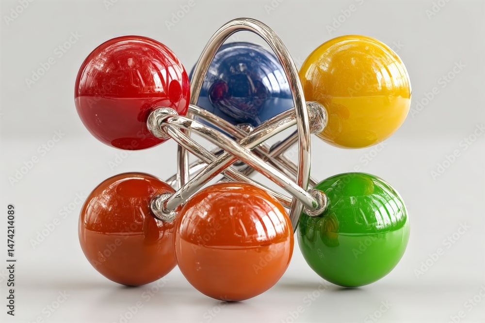 Poster colorful geometric puzzle with interlocking spheres and metal frame on a plain background