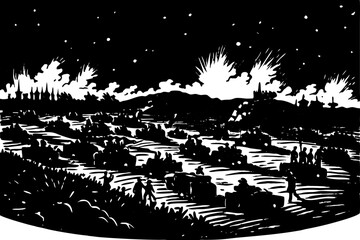 Fototapeta premium the challenges of navigating a battlefield at night with limited visibility. linocut vector