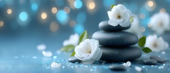 A soothing spa and wellness theme that includes a pile of Zen stones, flowers, and towels placed on a light blue background with room for text, promoting a sense of relaxation and calmness
