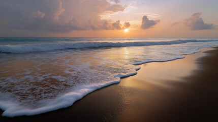 Obraz premium Golden beach sky at dawn where waves gently kiss shore with soft foam and calm water