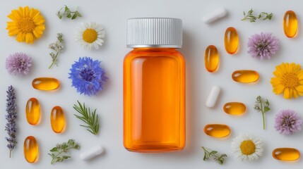 A pristine white background provides the setting for a stylishly arranged flat lay of various vitamins and health supplements