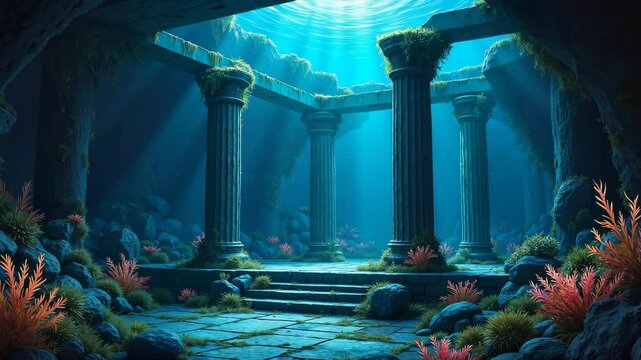 Underwater ruins of an ancient temple, turquoise and blue, representing lost civilization