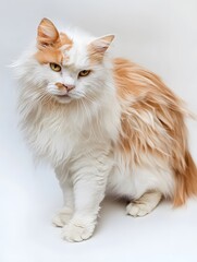 Obraz premium Adorable Fluffy Orange and White Purebred Domestic Cat Portrait – Happy Furry Feline with Vibrant Whiskers and Playful Paws in Serene Indoor Setting