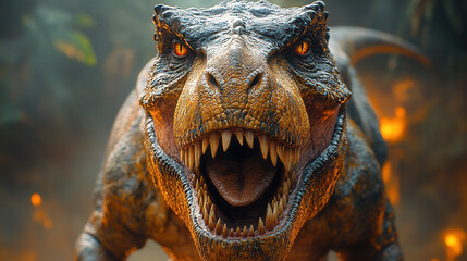  a roaring tyrannosaurus rex, with a menacing expression, set against a solid backdrop 