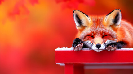 A red fox naps peacefully on a red surface, autumn leaves blurring in the background