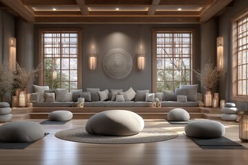 Serenely designed home yoga area overlooking a tranquil natural landscape