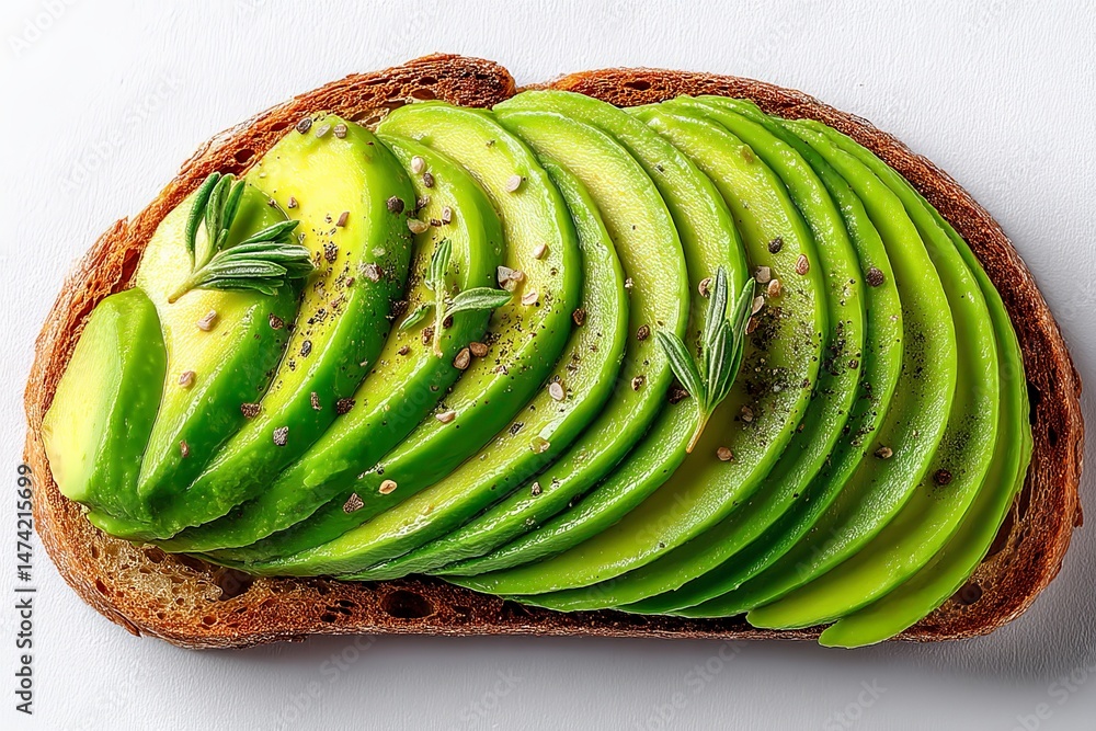 Poster Sliced avocado on toasted bread with herbs and spices for a healthy breakfast option in a minimalist setting