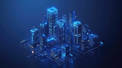 Isometric view of a futuristic city with glowing blue outlines on a dark blue background design style