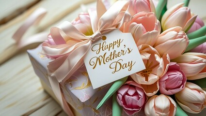 Happy Mother's Day tag attached to gift box with tulips on white wooden background
