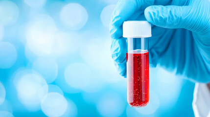 Gloved hand holds a small vial of red liquid against a bokeh background