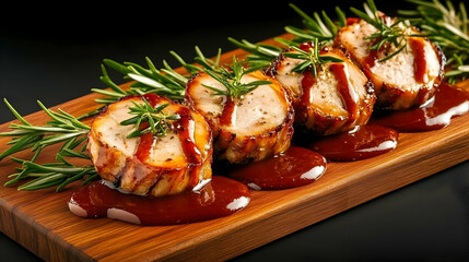 Grilled chicken medallions with rosemary and glaze on wooden board