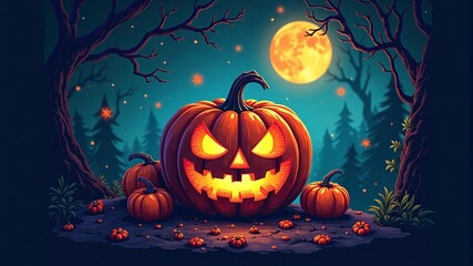 Spooky Halloween Night with Jack o'Lantern and Full Moon