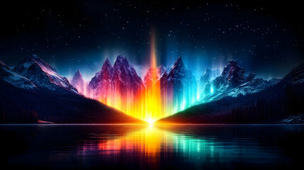 Vibrant aurora borealis illuminates majestic snow-capped mountains reflected in a still lake under a starlit sky