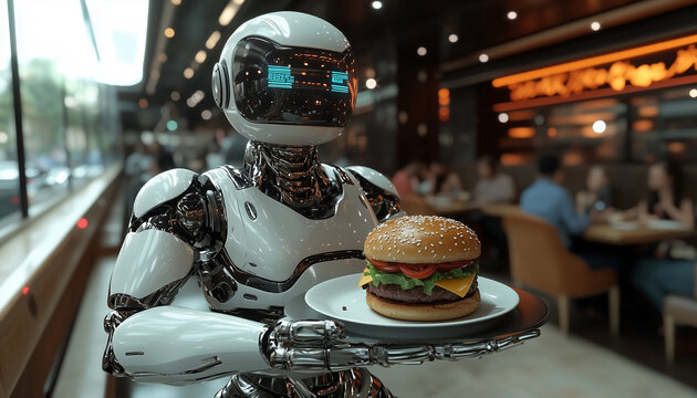 Robot serving burger to customer in modern restaurant setting