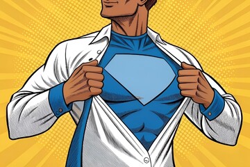 Pop Art Superhero Tearing Shirt Illustration with Muscular Blue Chest