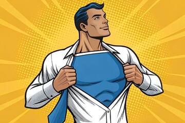 Pop Art Superhero Tearing Shirt Illustration with Muscular Blue Chest
