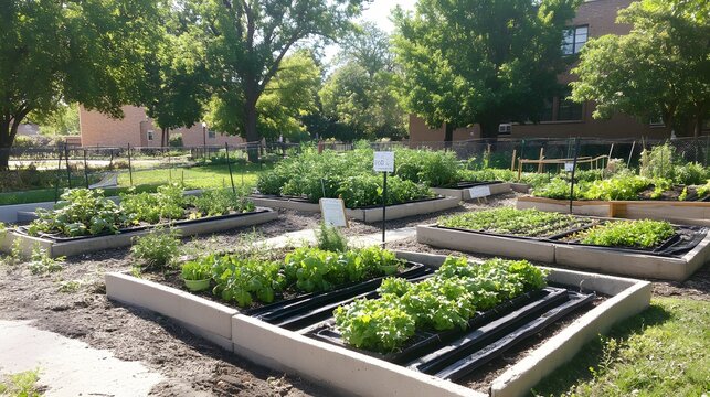Elevated garden plots in a community garden setting.