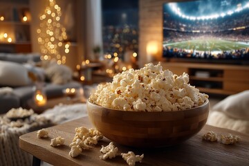 A bowl of popcorn in a comfortable living room, watching a football game on TV. Generative Ai