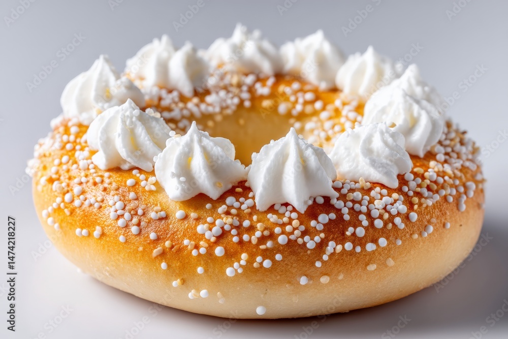 Poster sweet dessert featuring a donut topped with cream and sprinkles on a simple background