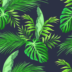 Green tropical palm leaves seamless vector pattern on the black background. Trendy summer print.	
