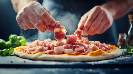 Chef adding savory meat to a pizza base