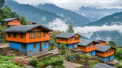 Obraz premium Early morning mist hovering over treetops in remote village area
