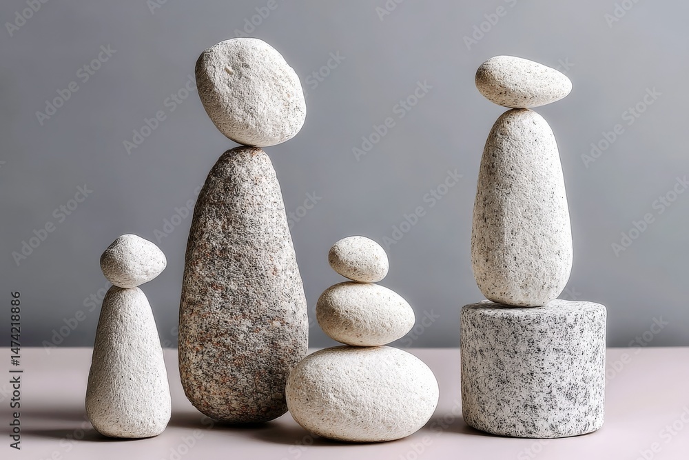 Aufkleber Balanced arrangement of smooth stones in various sizes creating a unique sculpture on a simple background